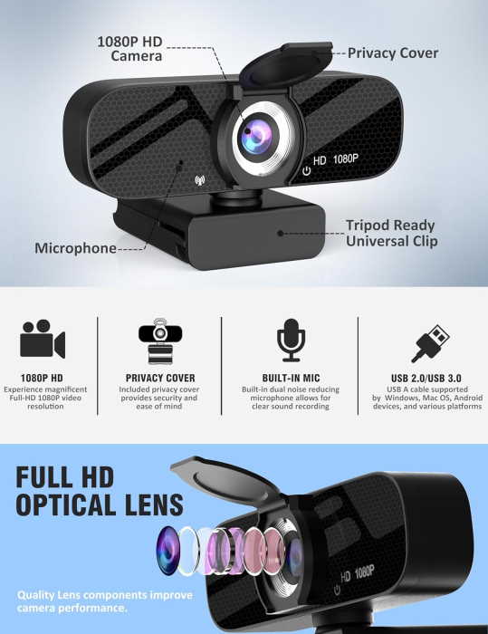 Tewiky Full HD Webcam with Built-in Microphone and Rotatable Tripod - Image 3