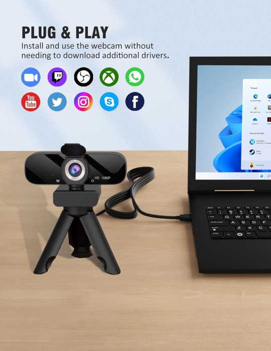 Tewiky Full HD Webcam with Built-in Microphone and Rotatable Tripod - Image 2