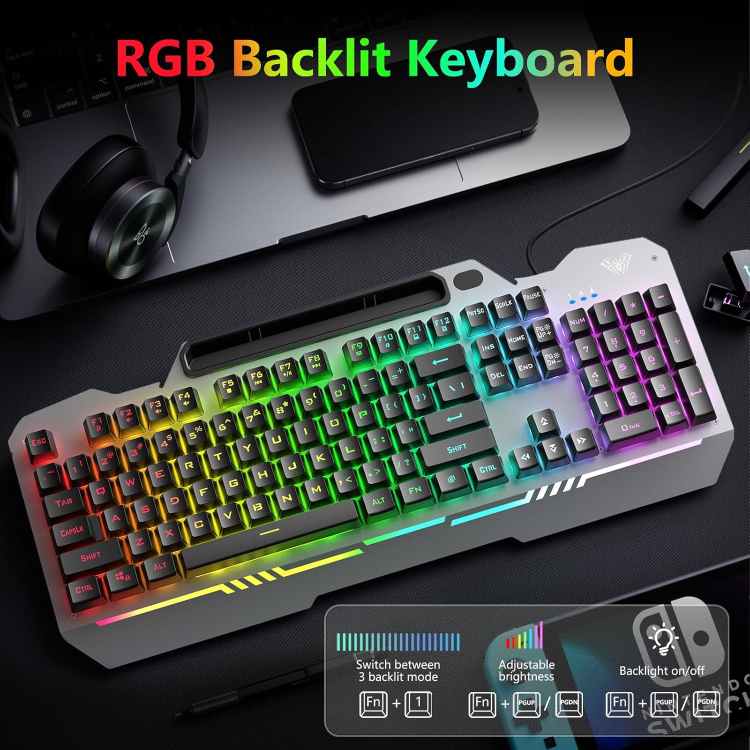 Aula Keyboard T102 Gaming Keyboard and Mouse Combo Silver Panel - Image 3